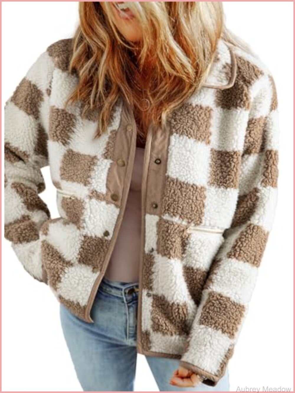 Women's Sherpa Fleece Button Down Plaid Jacket Loose Fit Winter Coat